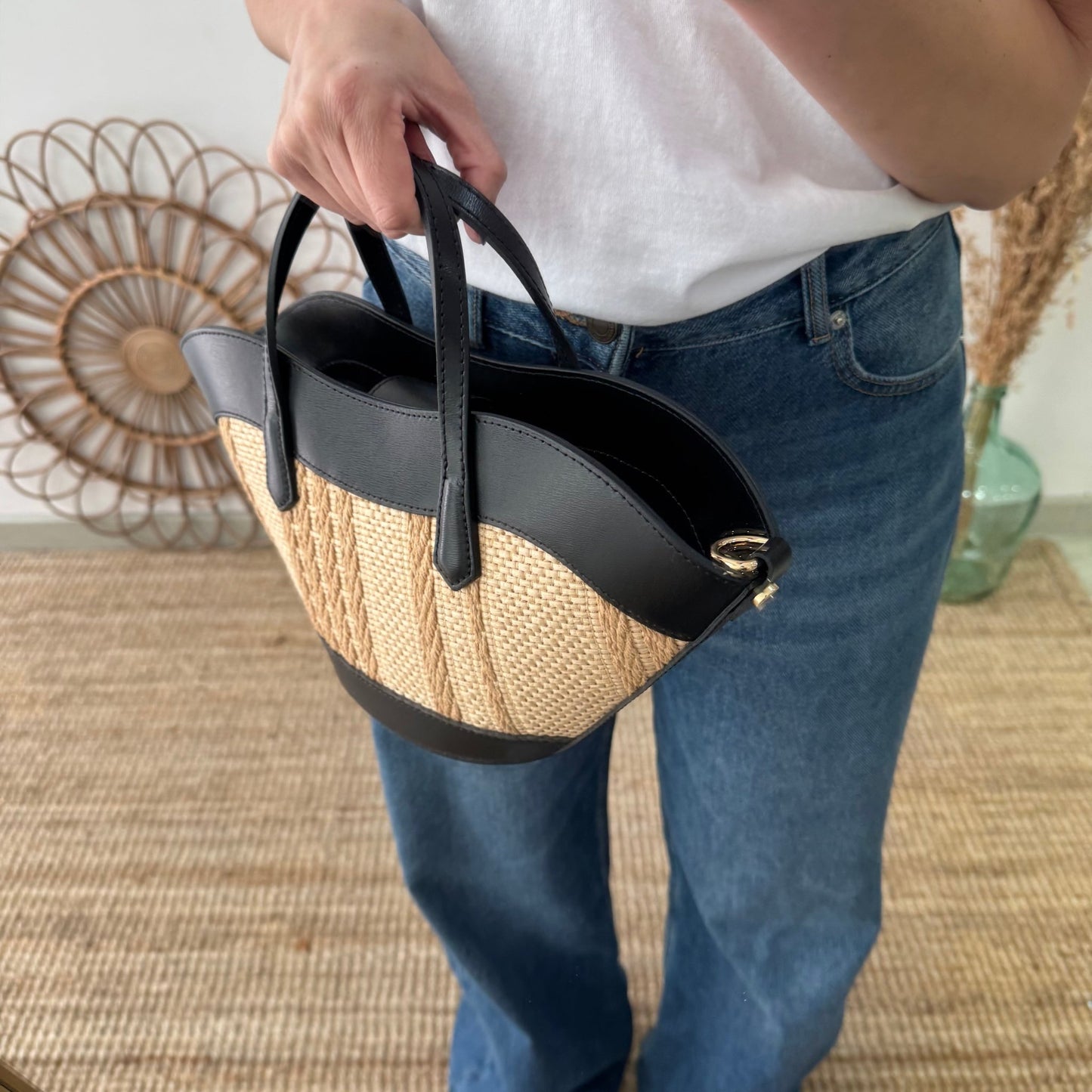 Mini Tote estructurado en piel y rafia negro - Bubbleshopbcn