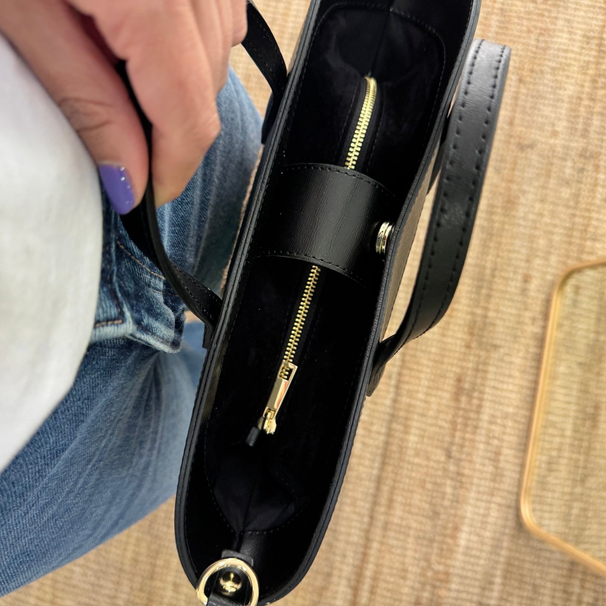 Mini Tote estructurado en piel y rafia negro - Bubbleshopbcn