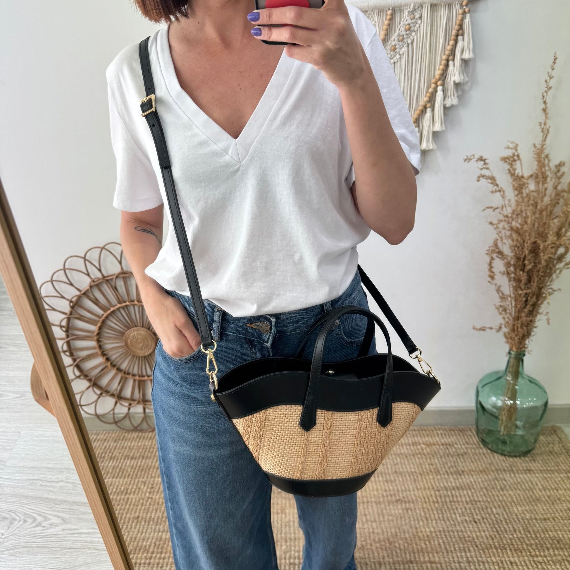 Mini Tote estructurado en piel y rafia negro - Bubbleshopbcn