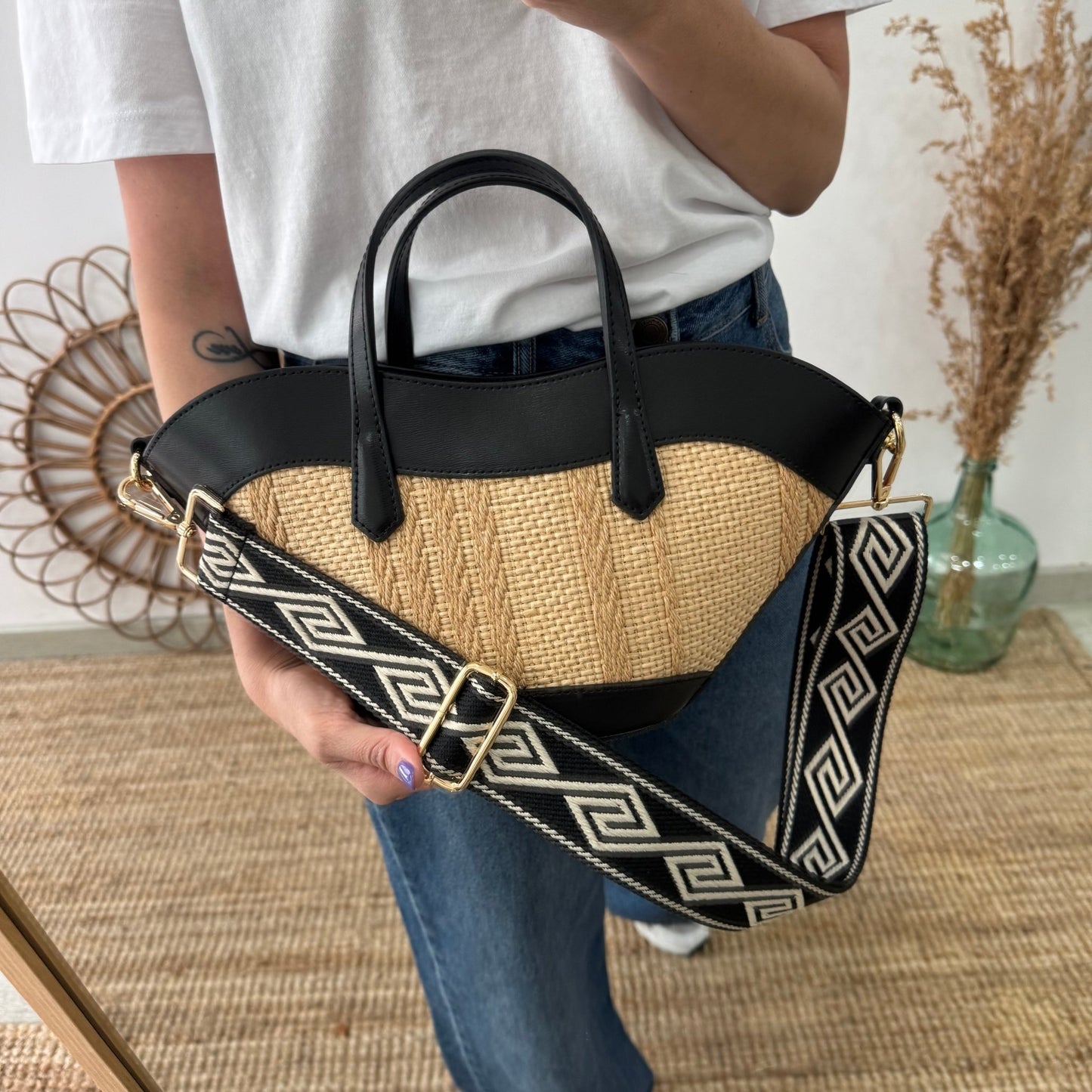 Mini Tote estructurado en piel y rafia negro - Bubbleshopbcn