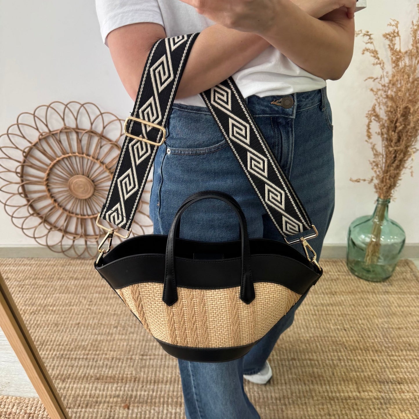 Mini Tote estructurado en piel y rafia negro - Bubbleshopbcn