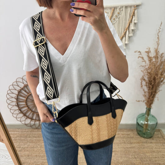 Mini Tote estructurado en piel y rafia negro - Bubbleshopbcn