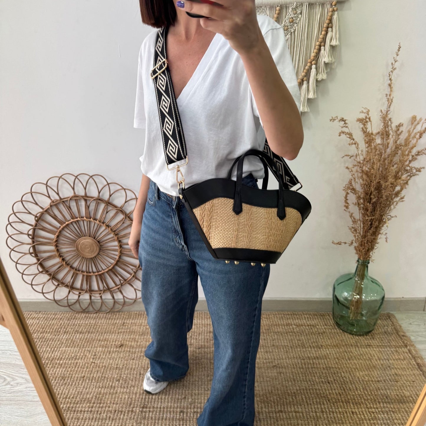Mini Tote estructurado en piel y rafia negro - Bubbleshopbcn