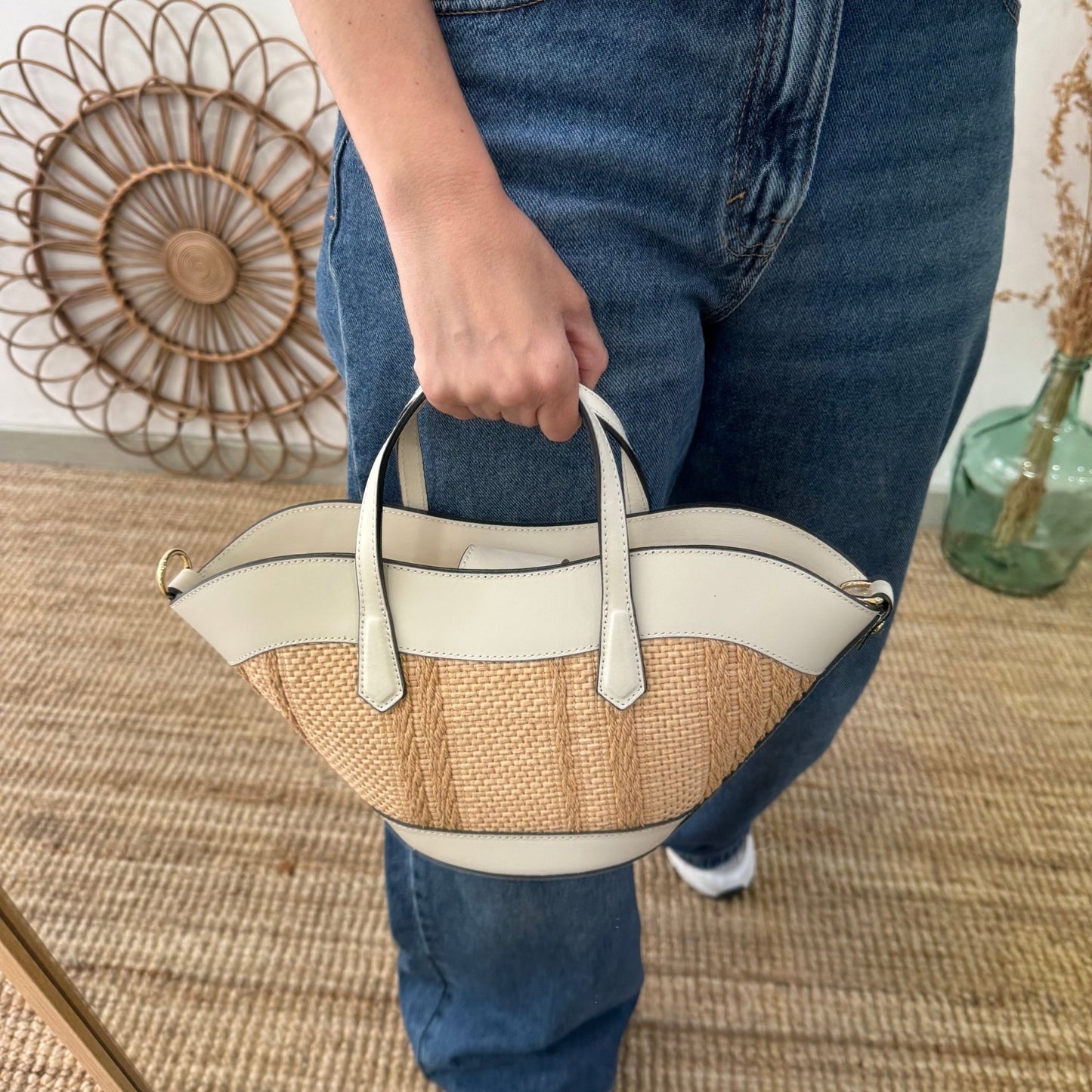 Mini Tote estructurado en piel y rafia beige - Bubbleshopbcn