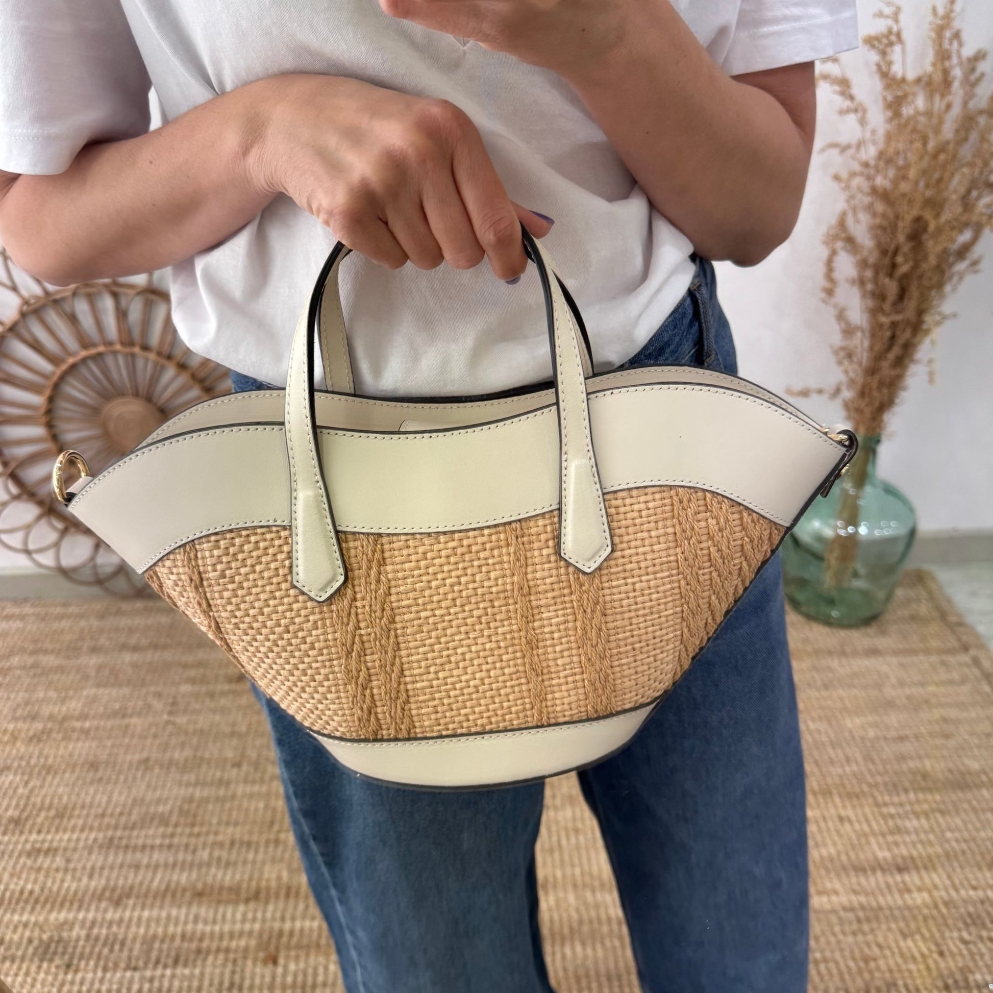 Mini Tote estructurado en piel y rafia beige - Bubbleshopbcn