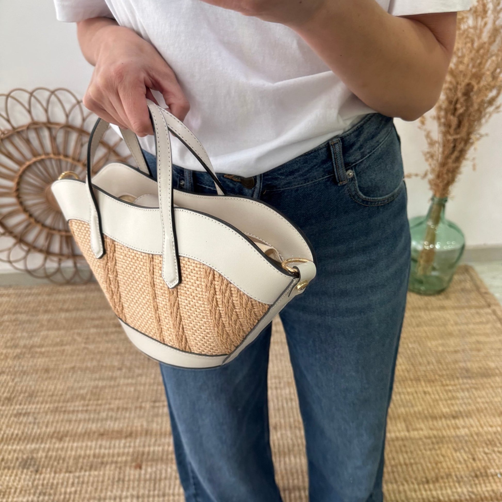 Mini Tote estructurado en piel y rafia beige - Bubbleshopbcn