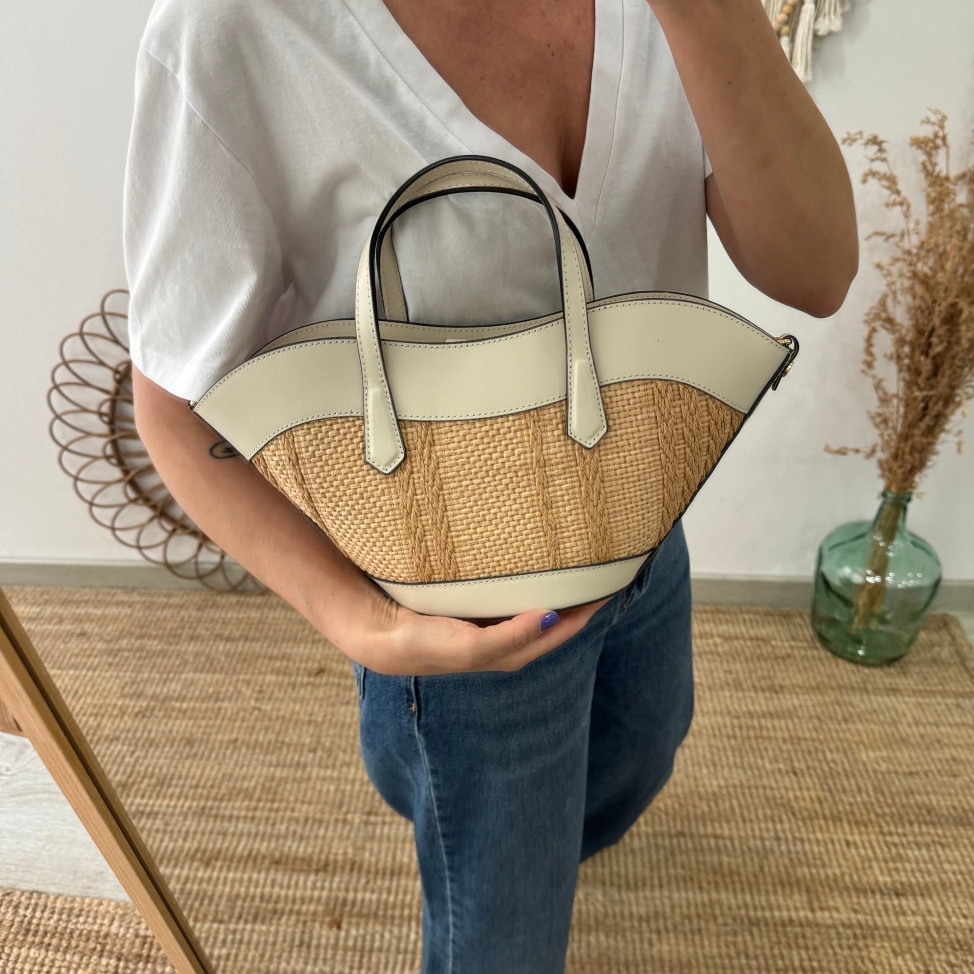Mini Tote estructurado en piel y rafia beige - Bubbleshopbcn