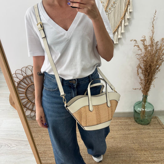 Mini Tote estructurado en piel y rafia beige - Bubbleshopbcn