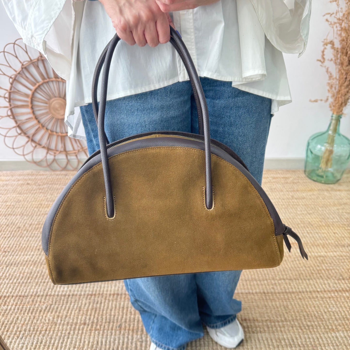 Bolso Bowling serraje y piel caqui