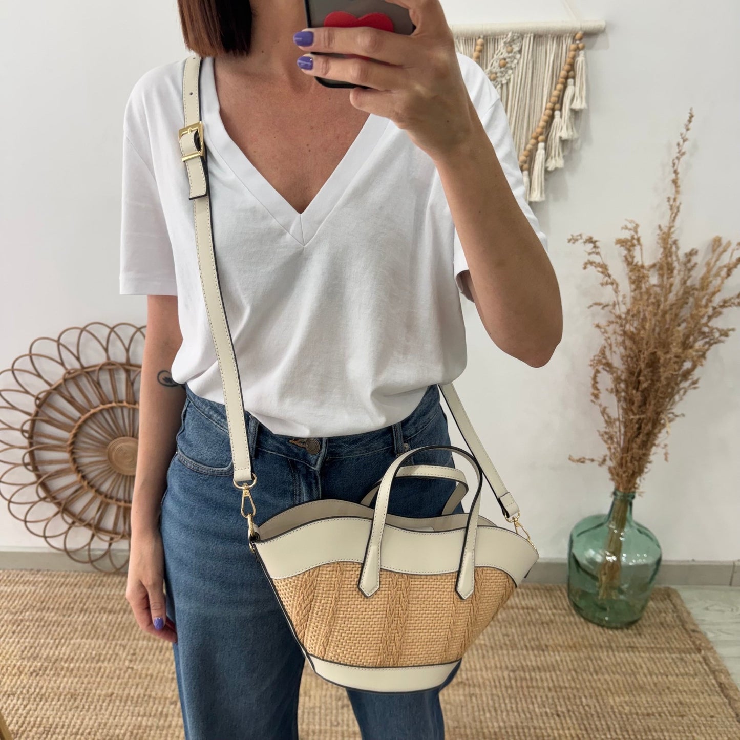 Mini Tote estructurado en piel y rafia beige - Bubbleshopbcn
