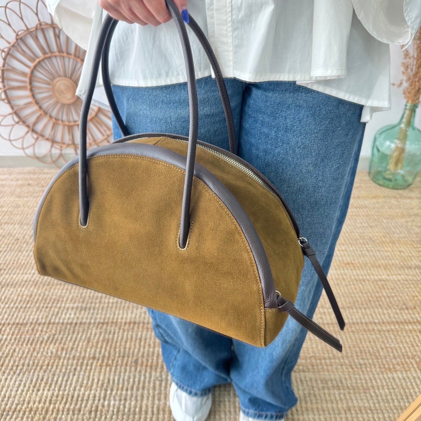 Bolso Bowling serraje y piel caqui