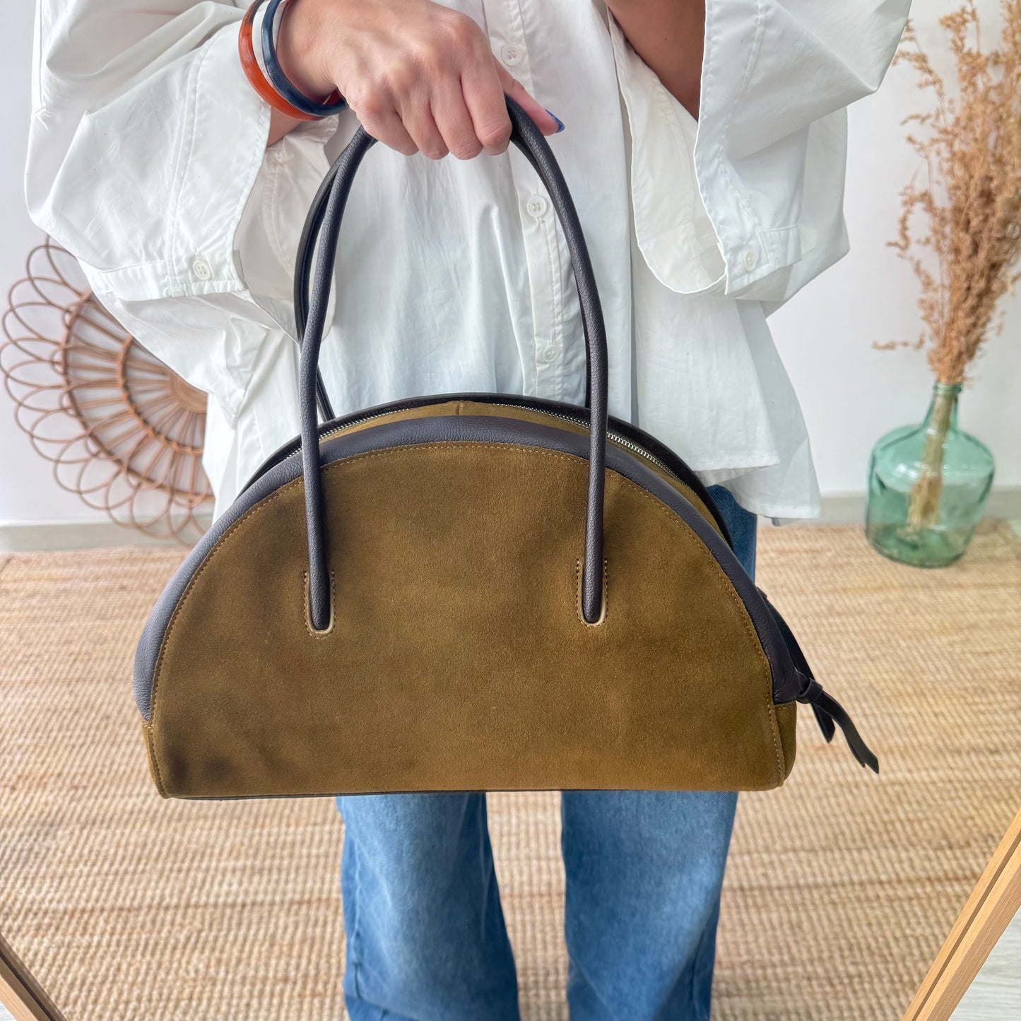 Bolso Bowling serraje y piel caqui