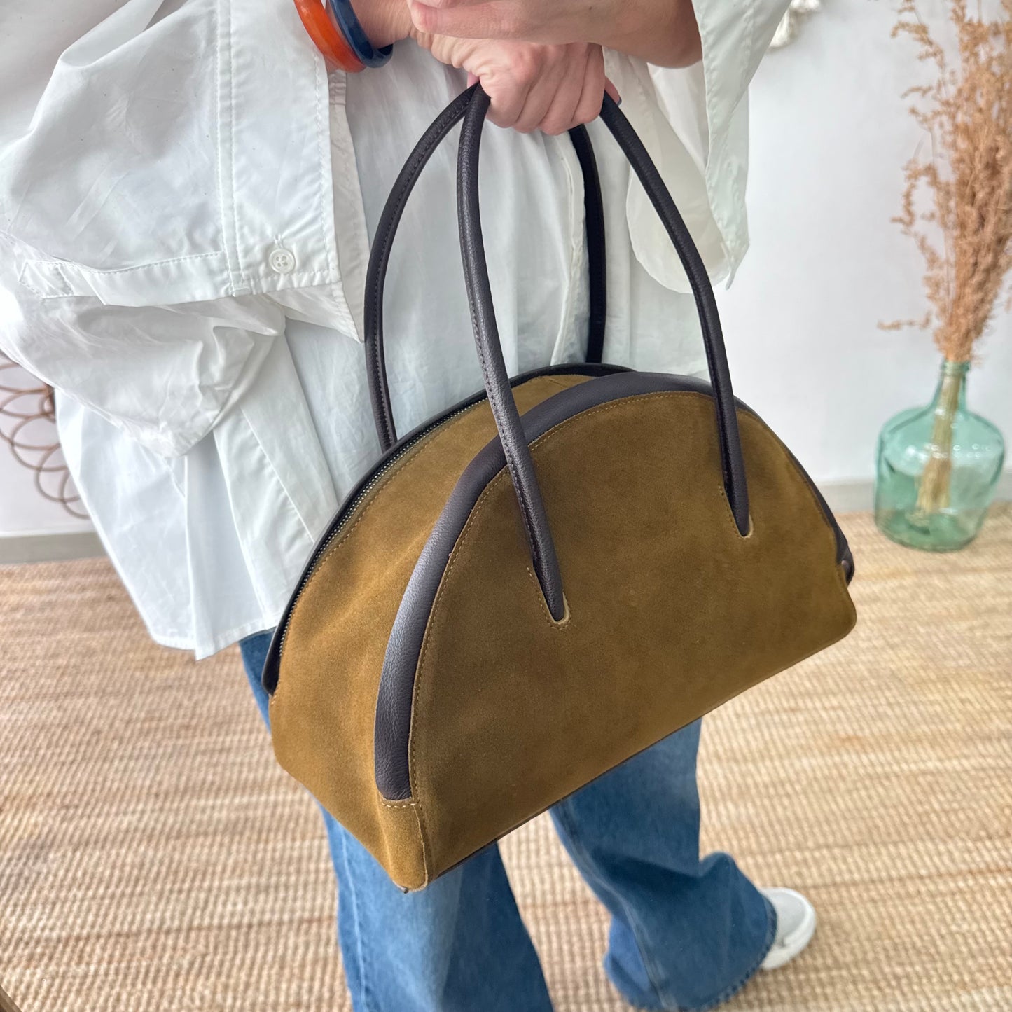 Bolso Bowling serraje y piel caqui
