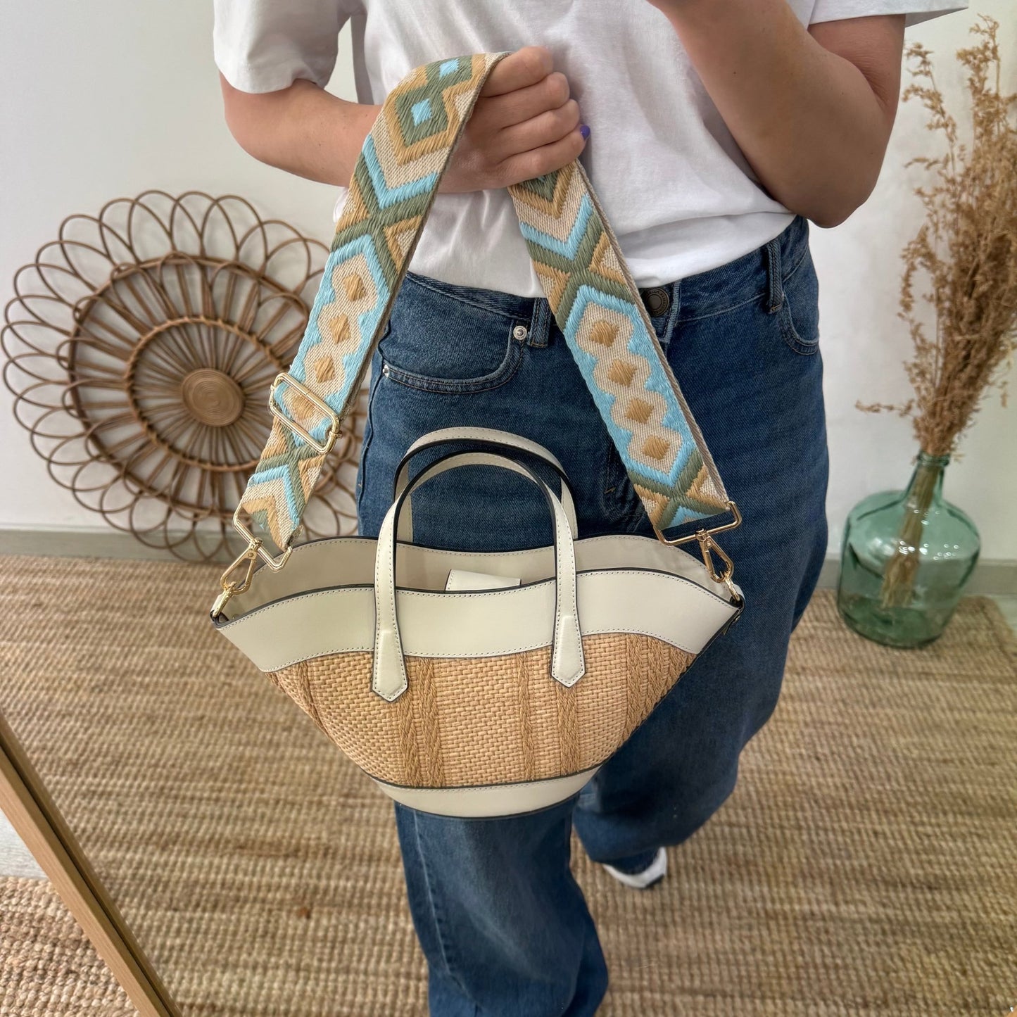 Mini Tote estructurado en piel y rafia beige - Bubbleshopbcn
