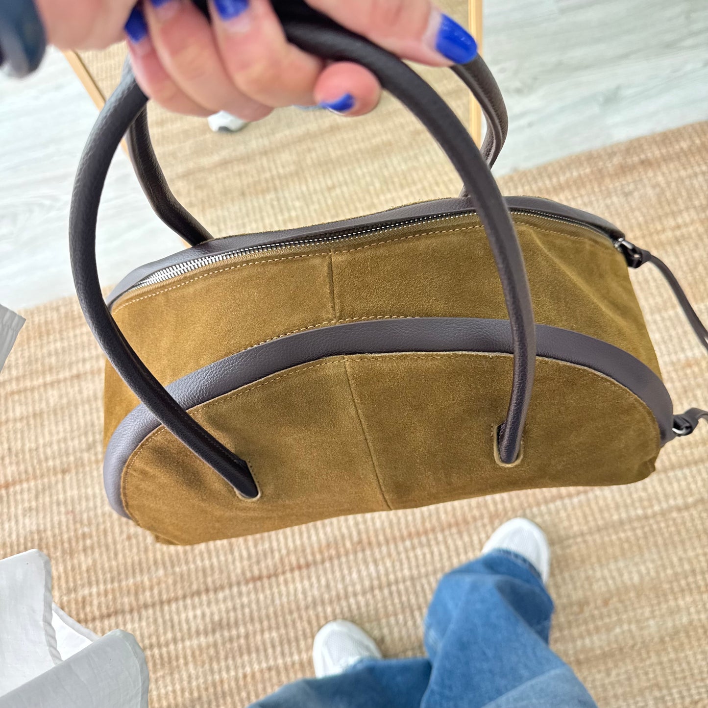 Bolso Bowling serraje y piel caqui