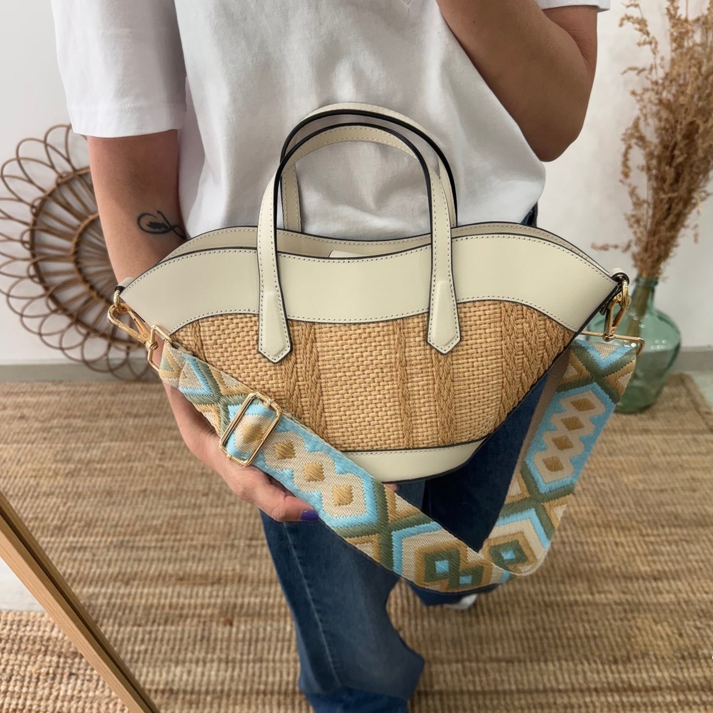 Mini Tote estructurado en piel y rafia beige - Bubbleshopbcn