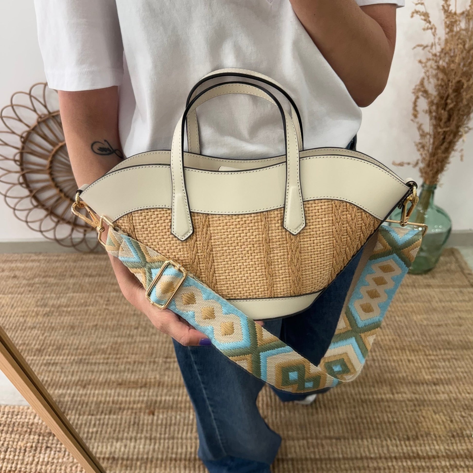 Mini Tote estructurado en piel y rafia beige - Bubbleshopbcn