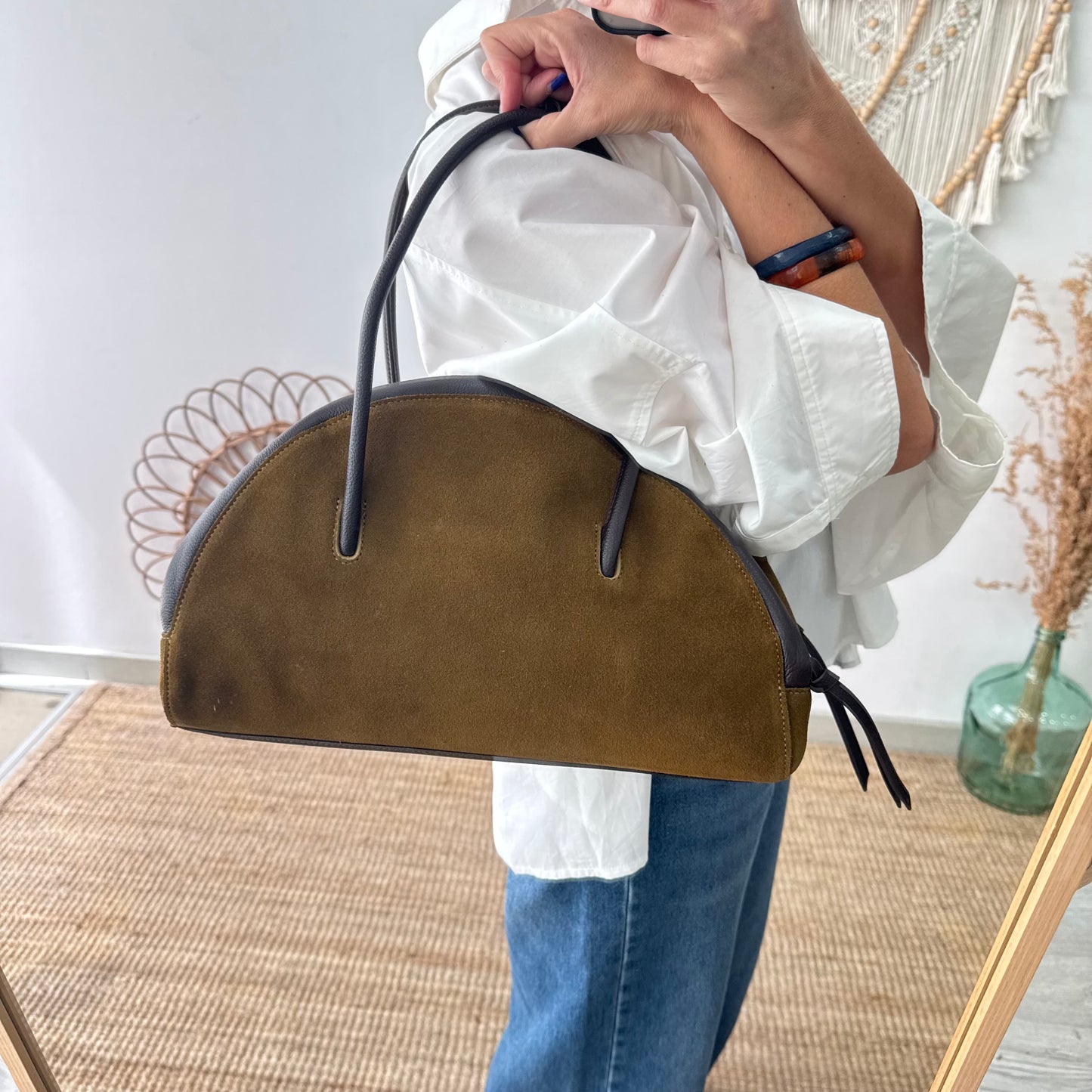 Bolso Bowling serraje y piel caqui