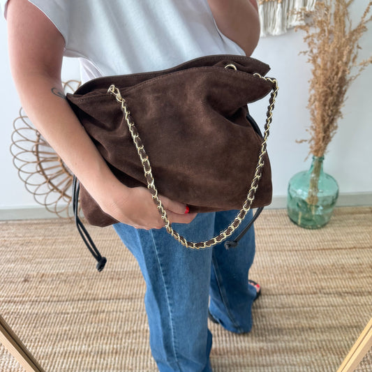 Bolso fruncido piel de serraje marrón