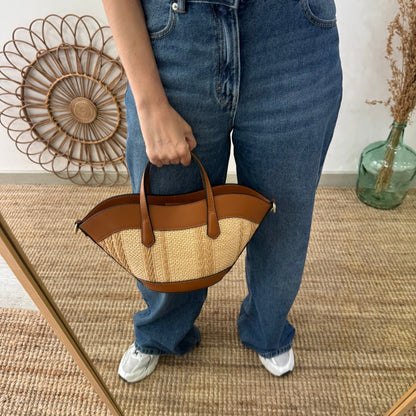 Mini Tote estructurado en piel y rafia camel