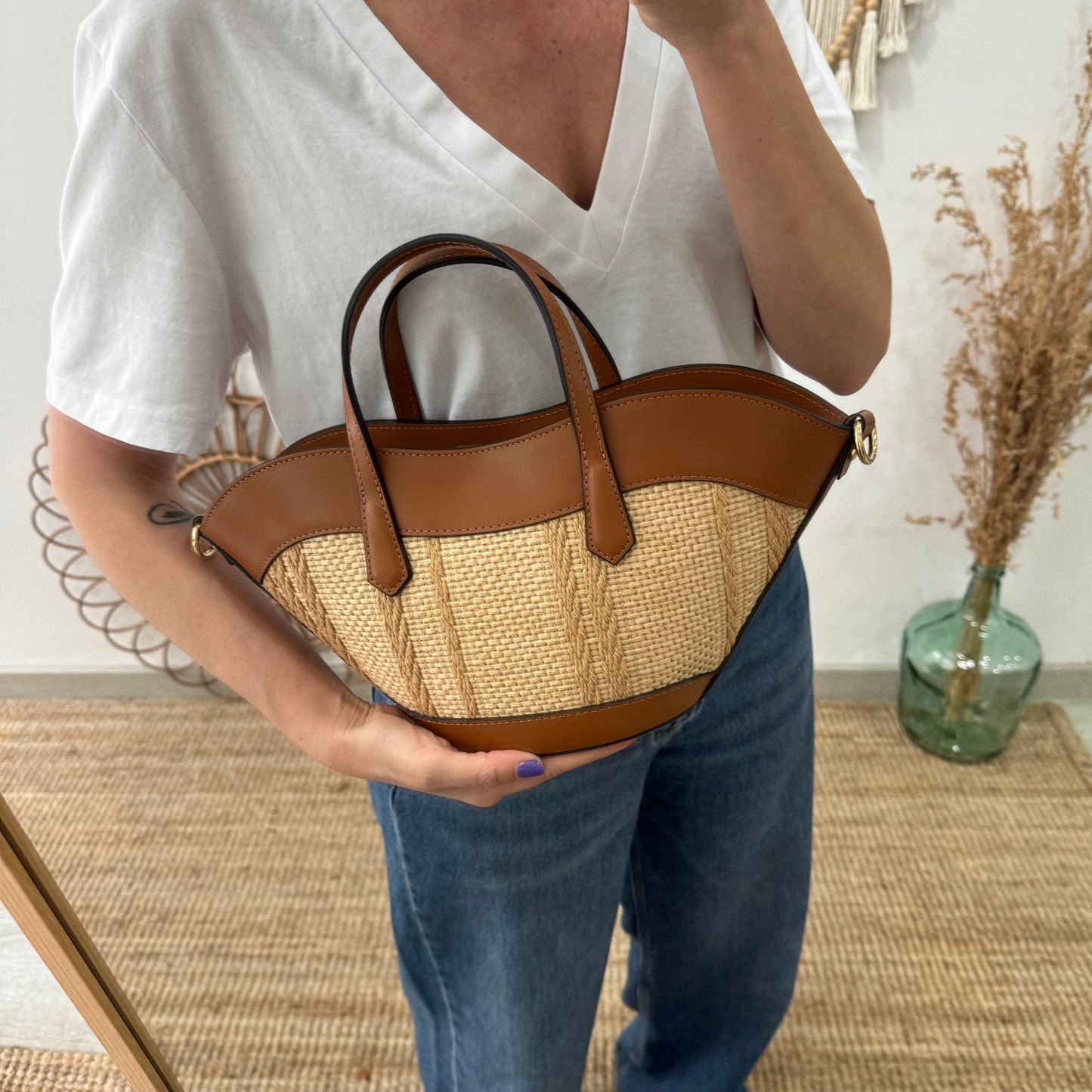 Mini Tote estructurado en piel y rafia camel
