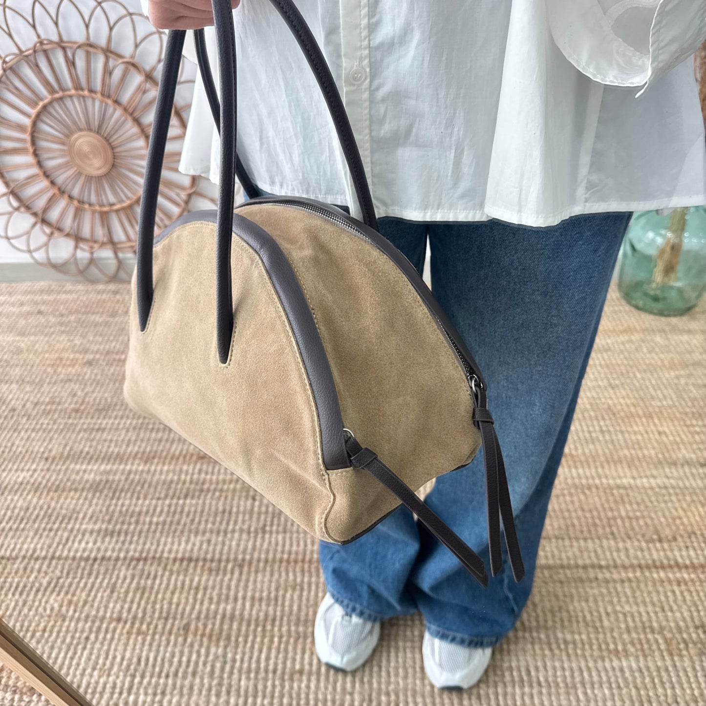 Bolso Bowling serraje y piel taupe claro