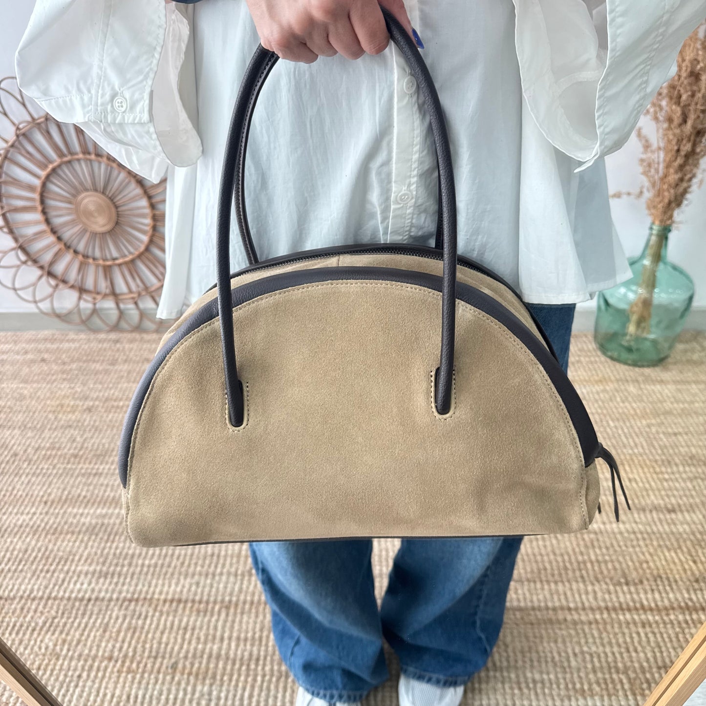 Bolso Bowling serraje y piel taupe claro