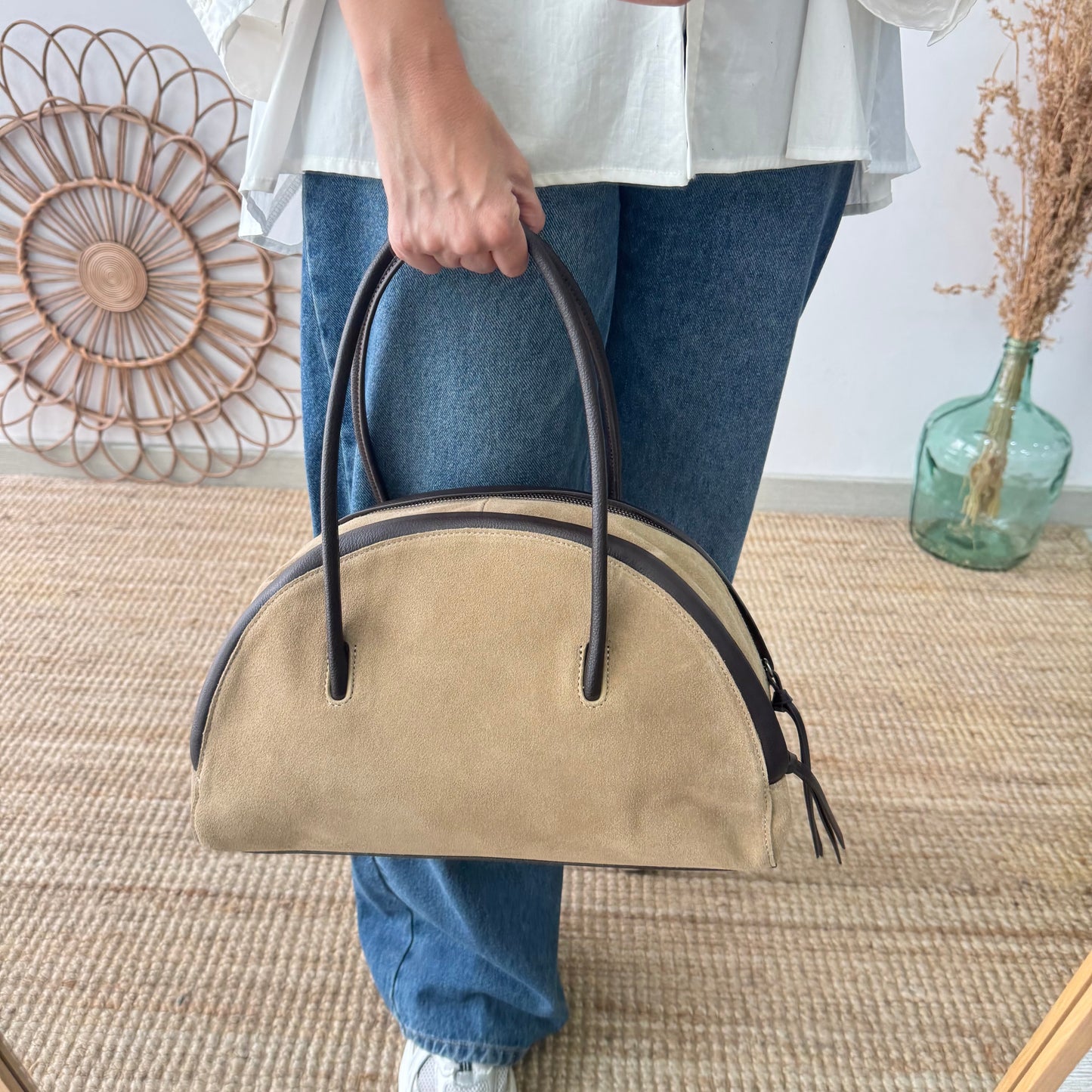 Bolso Bowling serraje y piel taupe claro