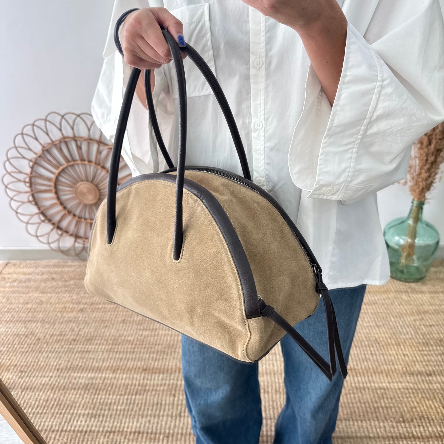 Bolso Bowling serraje y piel taupe claro
