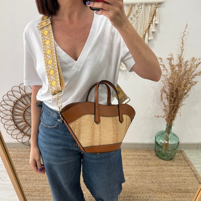 Mini Tote estructurado en piel y rafia camel