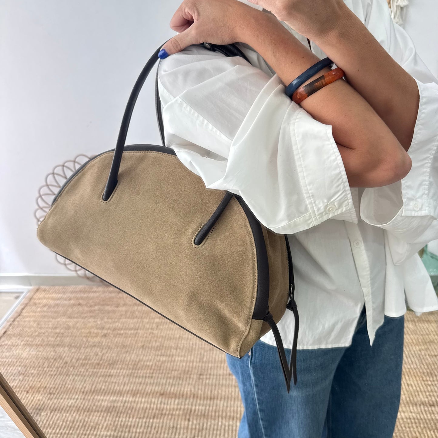 Bolso Bowling serraje y piel taupe claro