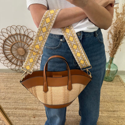 Mini Tote estructurado en piel y rafia camel