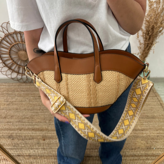 Mini Tote estructurado en piel y rafia camel
