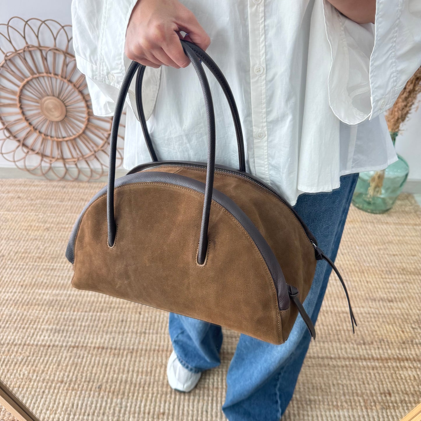 Bolso Bowling serraje y piel marrón