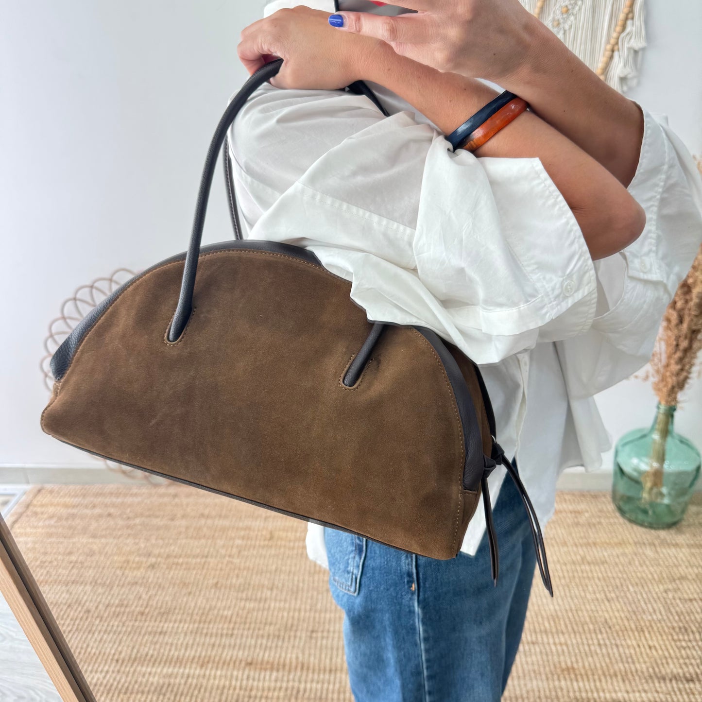 Bolso Bowling serraje y piel marrón