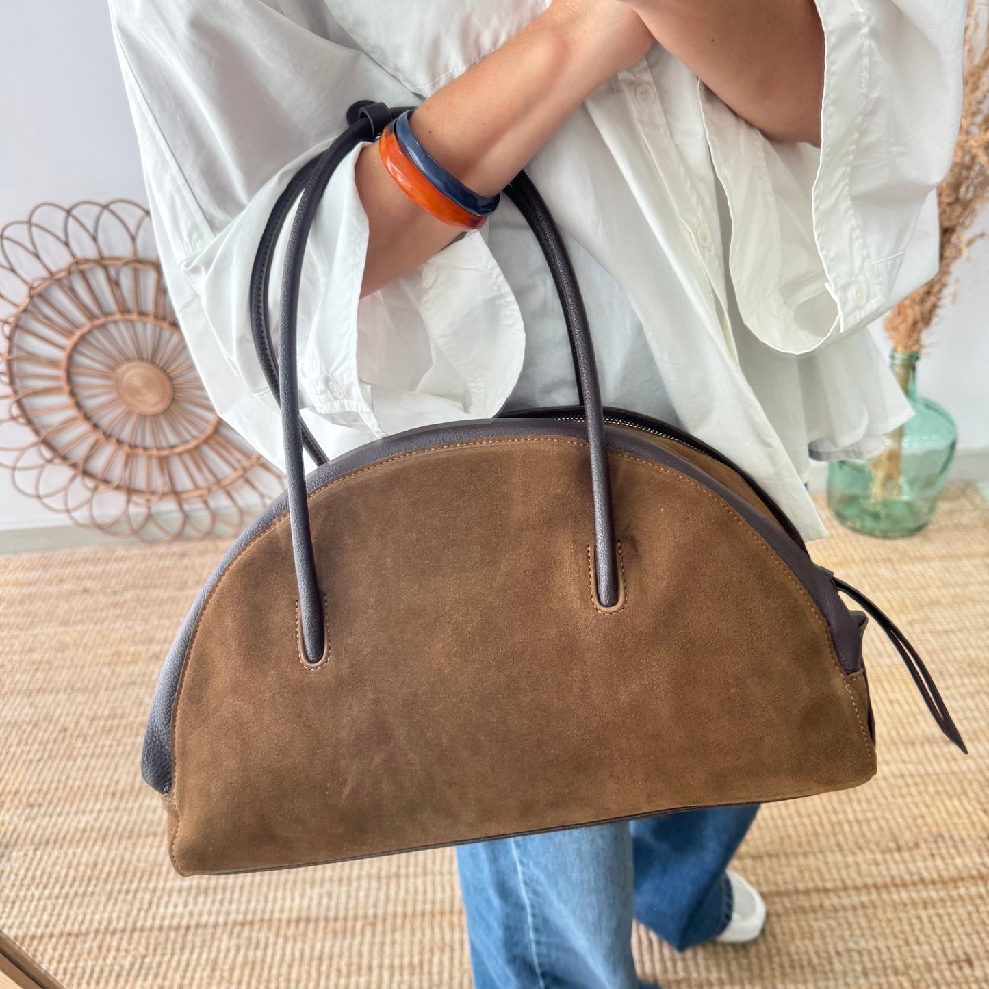Bolso Bowling serraje y piel marrón