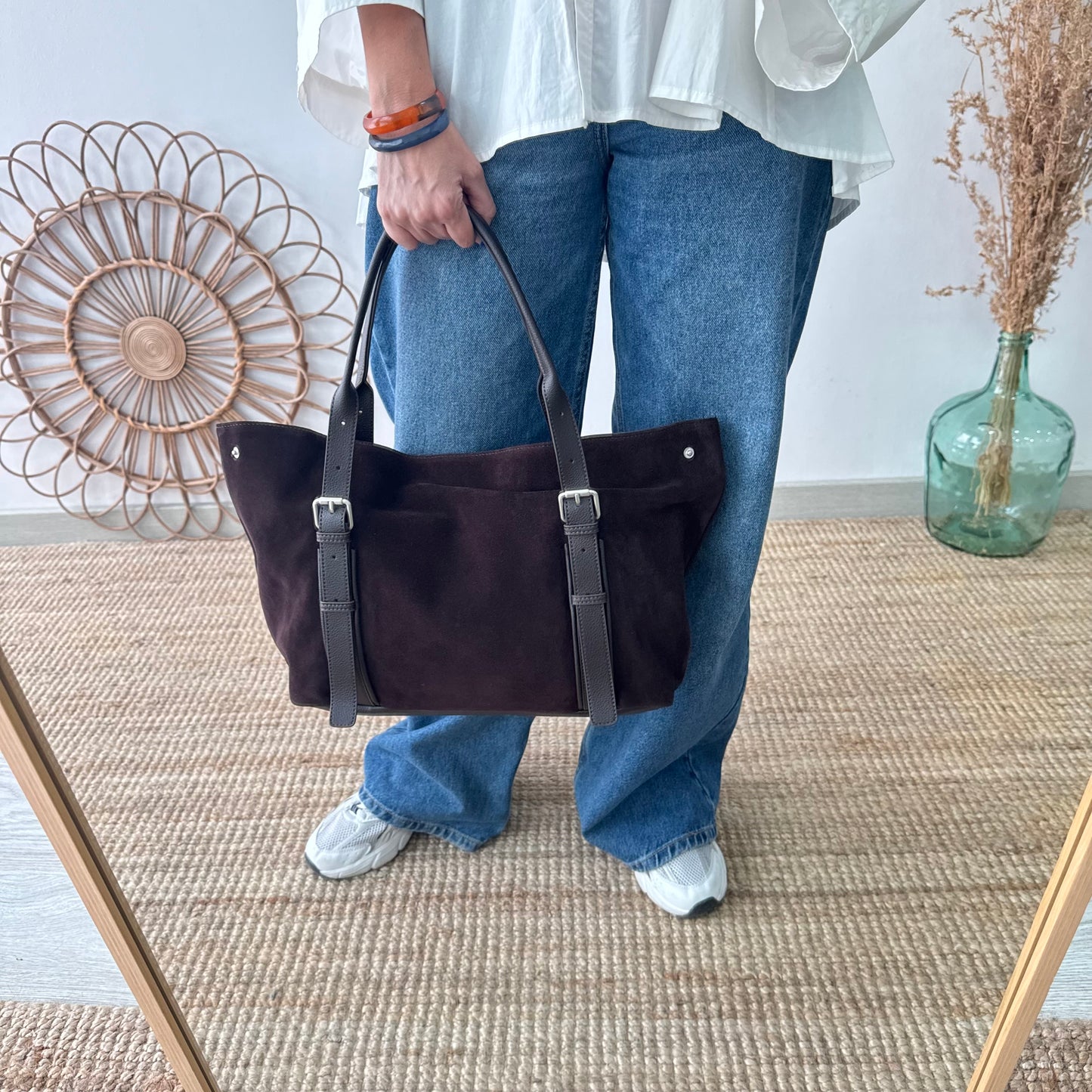 Bolso Shopper hebillas serraje y piel marrón chocolate