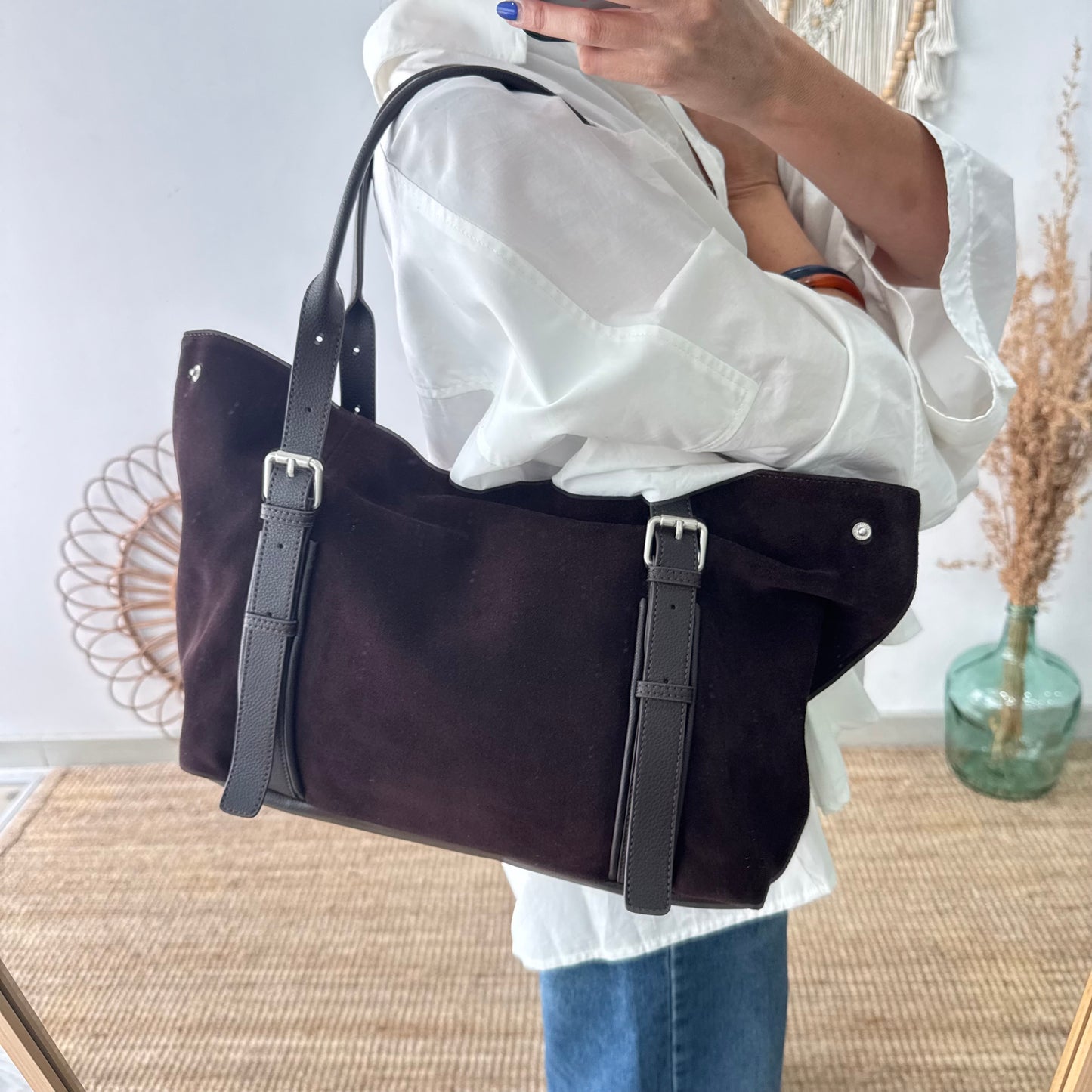 Bolso Shopper hebillas serraje y piel marrón chocolate