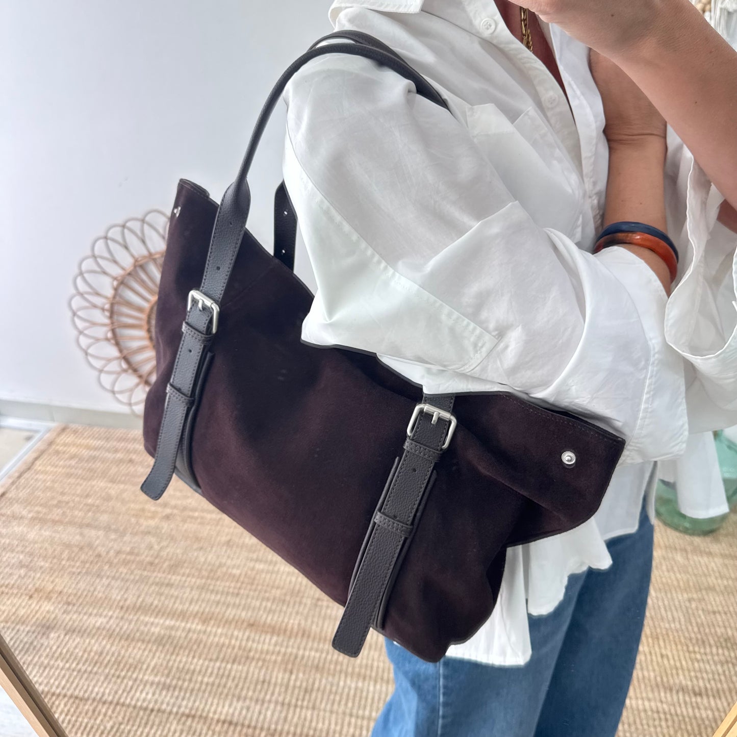 Bolso Shopper hebillas serraje y piel marrón chocolate