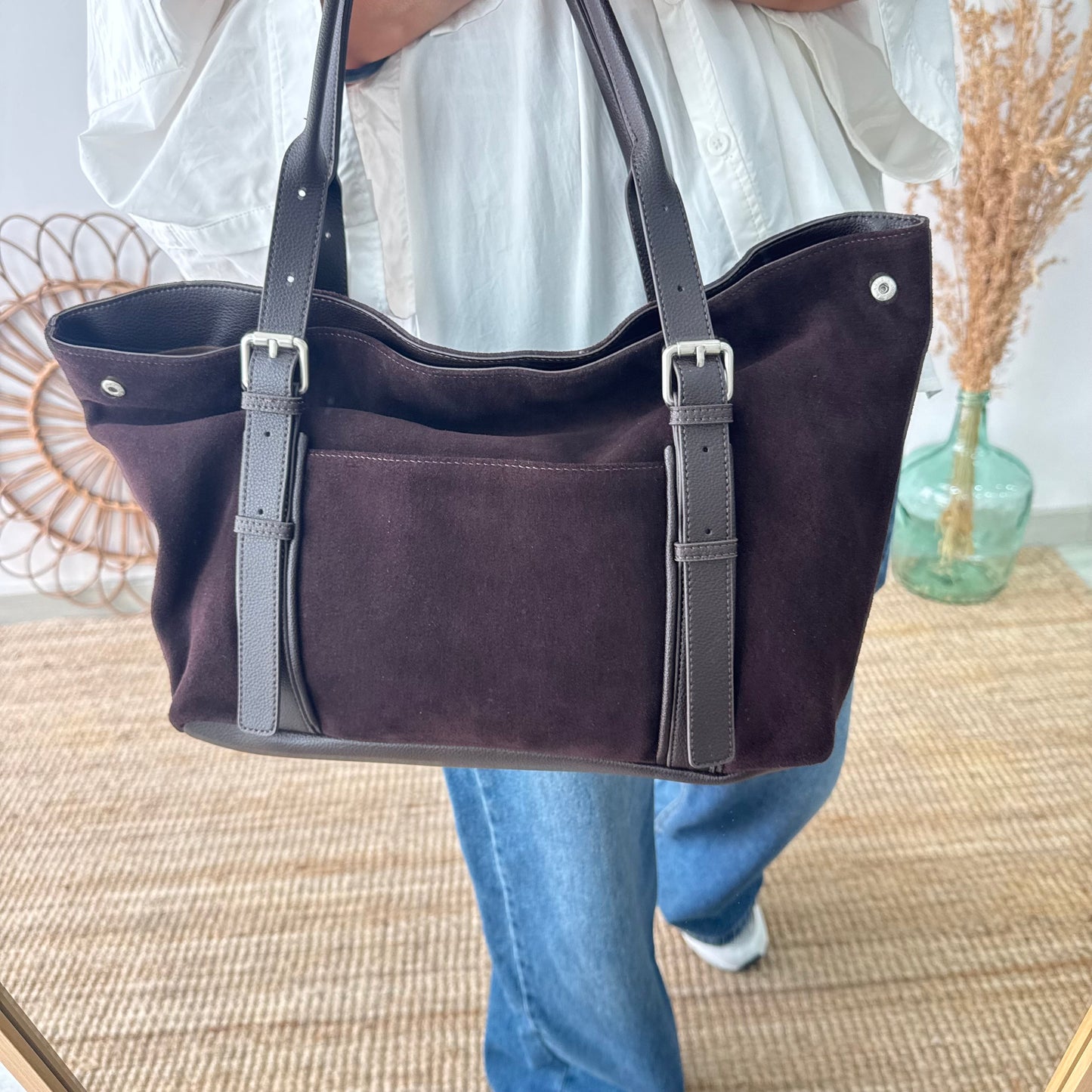 Bolso Shopper hebillas serraje y piel marrón chocolate