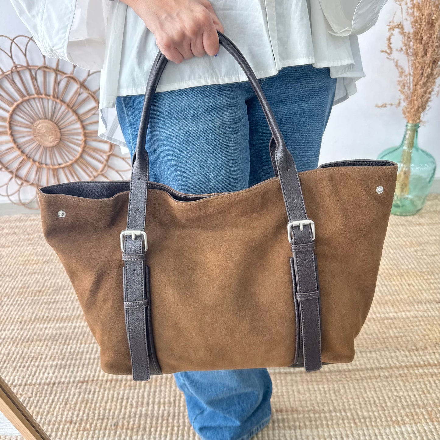 Bolso Shopper hebillas serraje y piel marrón