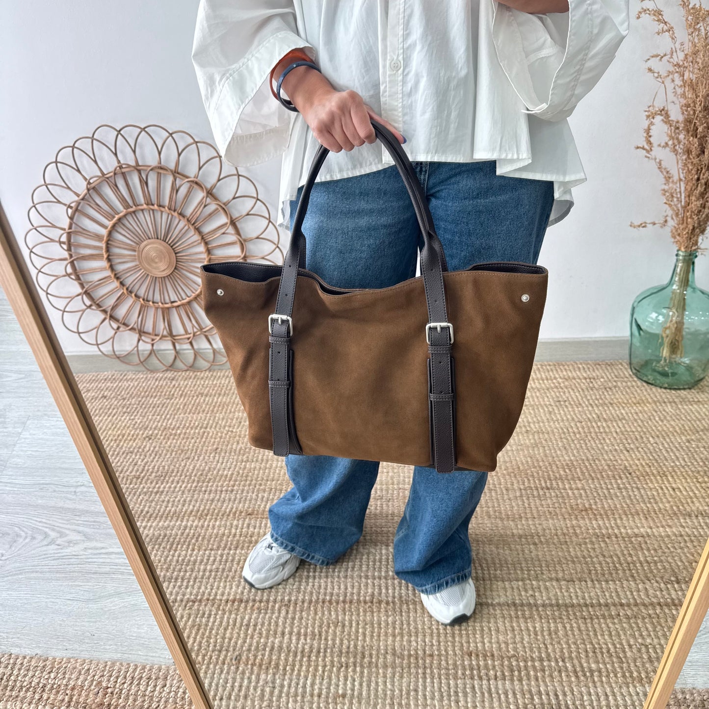Bolso Shopper hebillas serraje y piel marrón