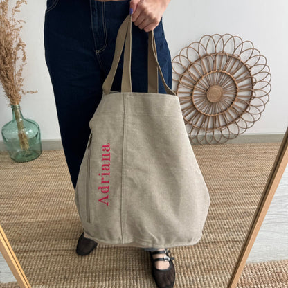 Bolsa loneta taupe bolsillo personalizado nombre fluor - Bubbleshopbcn
