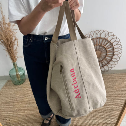 Bolsa loneta taupe bolsillo personalizado nombre fluor - Bubbleshopbcn