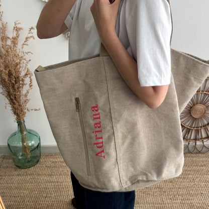 Bolsa loneta taupe bolsillo personalizado nombre fluor - Bubbleshopbcn