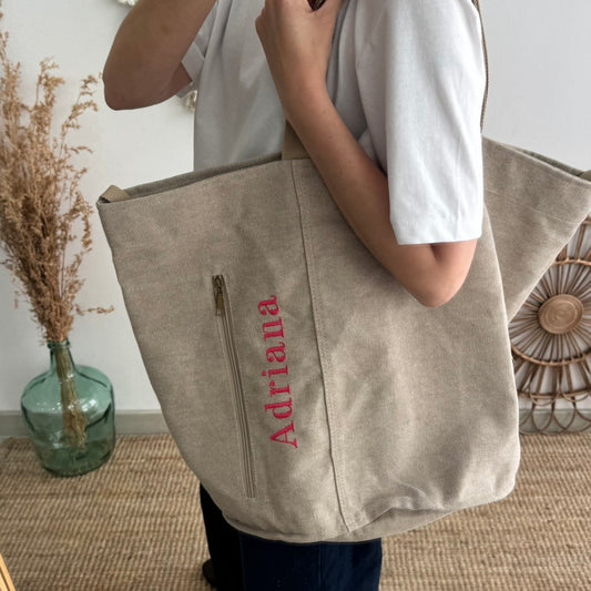 Bolsa loneta taupe bolsillo personalizado nombre fluor