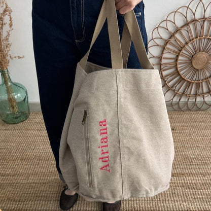Bolsa loneta taupe bolsillo personalizado nombre fluor - Bubbleshopbcn