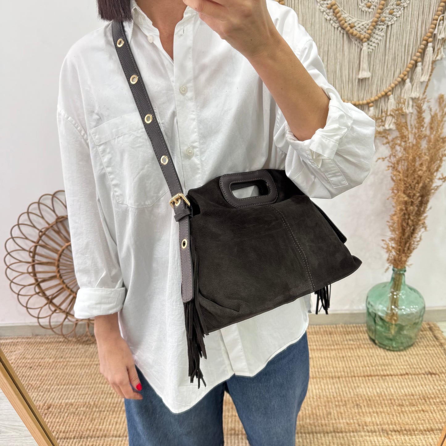 Bolso Flecos en Piel y Serraje marrón