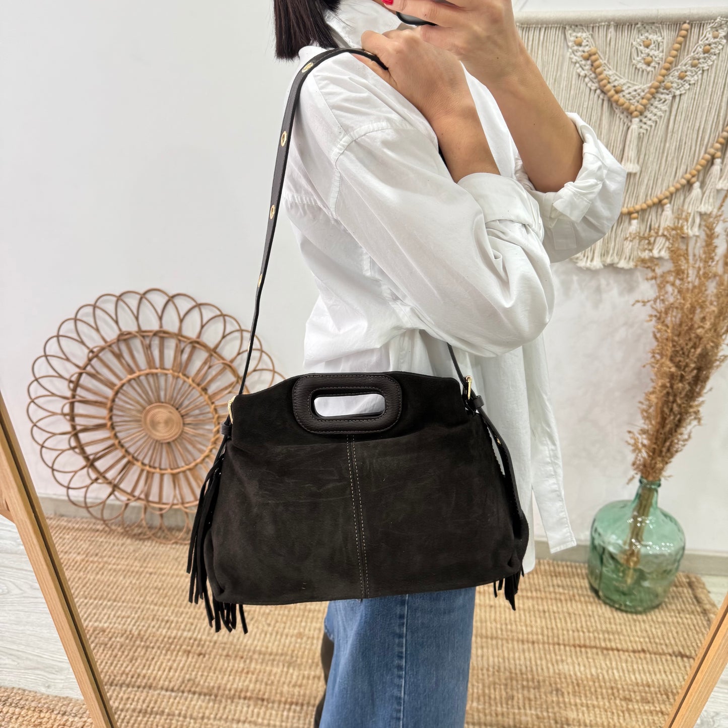 Bolso Flecos en Piel y Serraje marrón