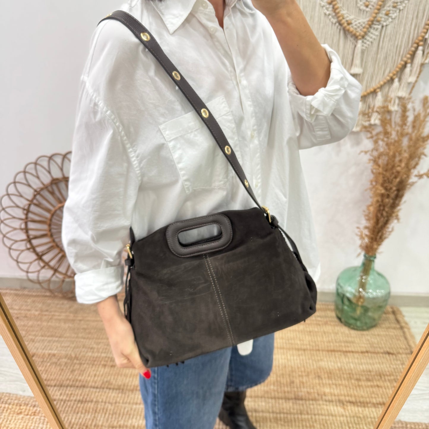 Bolso Flecos en Piel y Serraje marrón